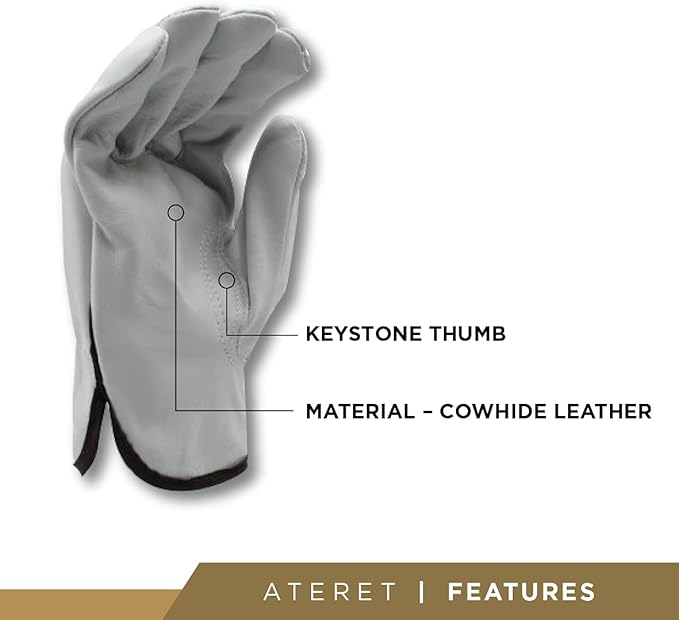 ATERET 12 Pairs Large Heavy Duty Durable Cowhide Leather Work Gloves I Driver Gloves for Truck Driving, Warehouse, Gardening, Farming