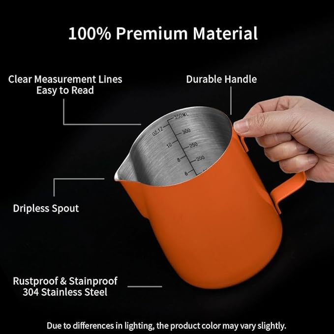 watchget Stainless Steel Milk Frothing Pitcher 12oz/350ml - Espresso Steaming Pitcher for Cappuccino, Latte Art, Coffee Machine Accessories Milk Jug Coffee Frother Cup, Orange