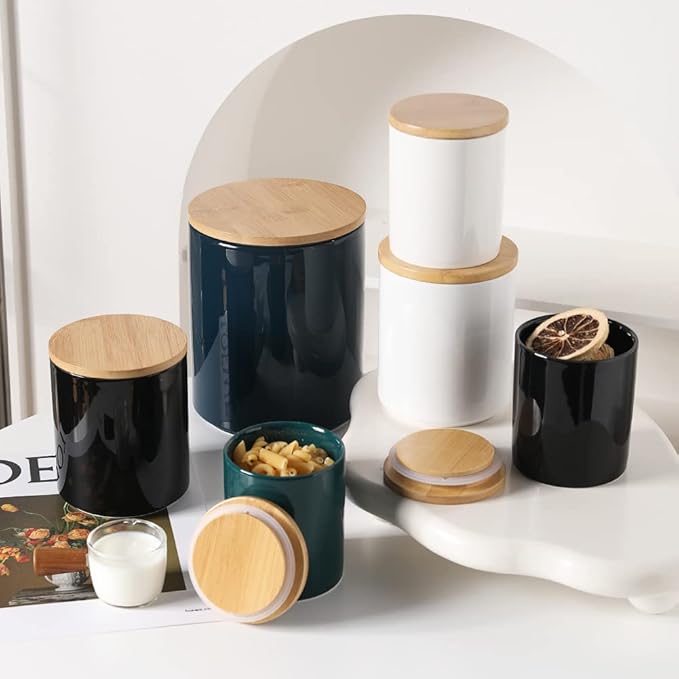 Sweejar Ceramic Canisters Set, Food Storage Jars with Airtight Seal Bamboo Lid, Stackable Containers for Kitchen Counter, Ground Coffee, Flour, Sugar, Cookie, Dog Treats, Candy, Pack of 4 (Jade)