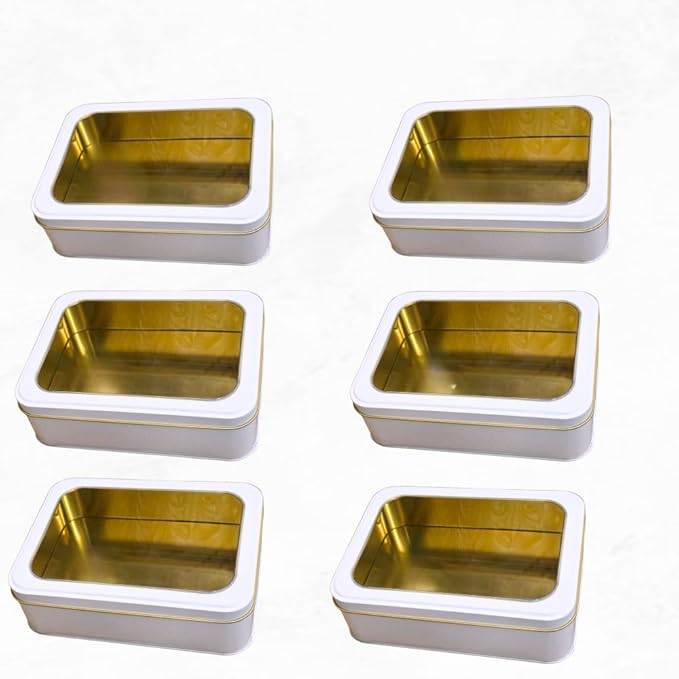 Pack of 6 Pearl White Rectangular Tin Container With Clear Lid, Multipurpose Tin Box, Festive Tin Box for Gift Giving, Cookies, Stationery & More - 7.25 x 5.25 x 2.25 Inches