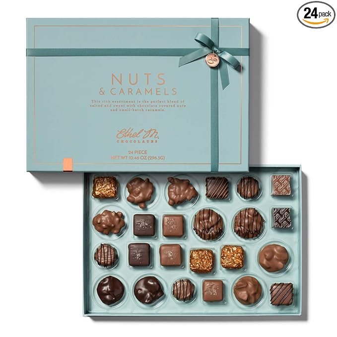 Ethel M Chocolates Premium Nuts & Caramels Collection Chocolate Gift Box, Milk & Dark Chocolate Candy Assortment, 24 Pieces of Creamy, Smooth and Rich Chocolate Gems