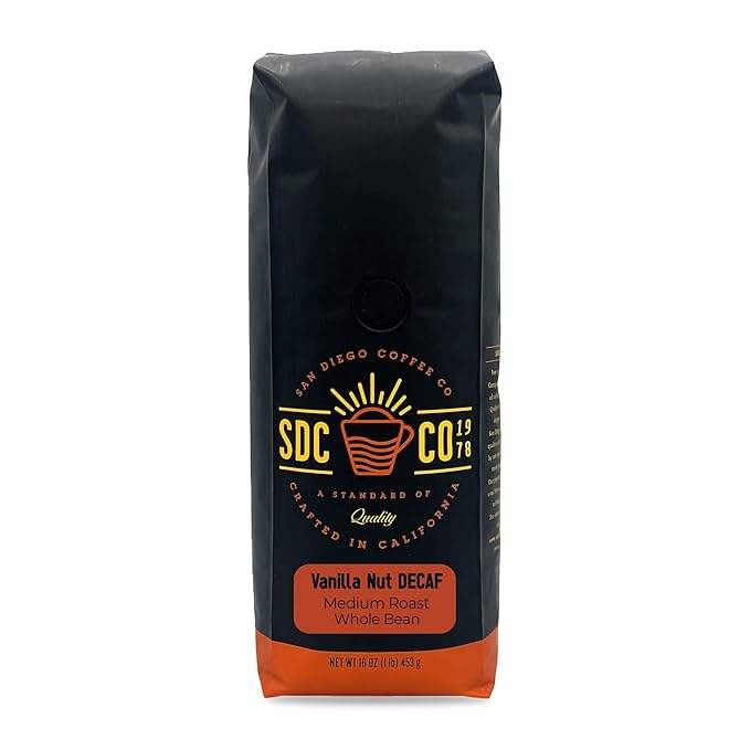 San Diego Coffee DECAF Vanilla Nut, Medium Roast, Whole Bean Coffee, 16-Ounce Bag Café en grano tostado descafeinado