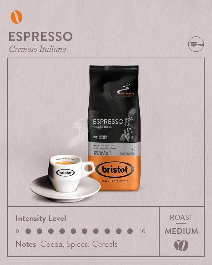 Bristot Espresso Cremoso Italiano Ground Coffee – Medium Roast, Rich & Smooth – 8.8oz (250g) Bag – Italian Ground Espresso for Home Machines (Pack of 2)