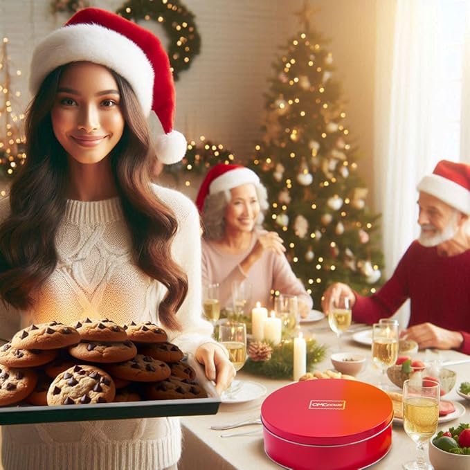 Christmas Gift Basket Chocolate Chip Cookie Gourmet Tin Fresh Bakery Treats | Individually Wrapped | Nut Free Soft Fudge Filled Large Cookie