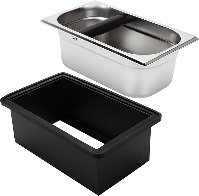 Espresso Knock Box,Stainless Steel Coffee Pucks Container, with Steel Holder and Noise Reduction Rubber Ring (10.94 x 6.88 x 4.25 inch)