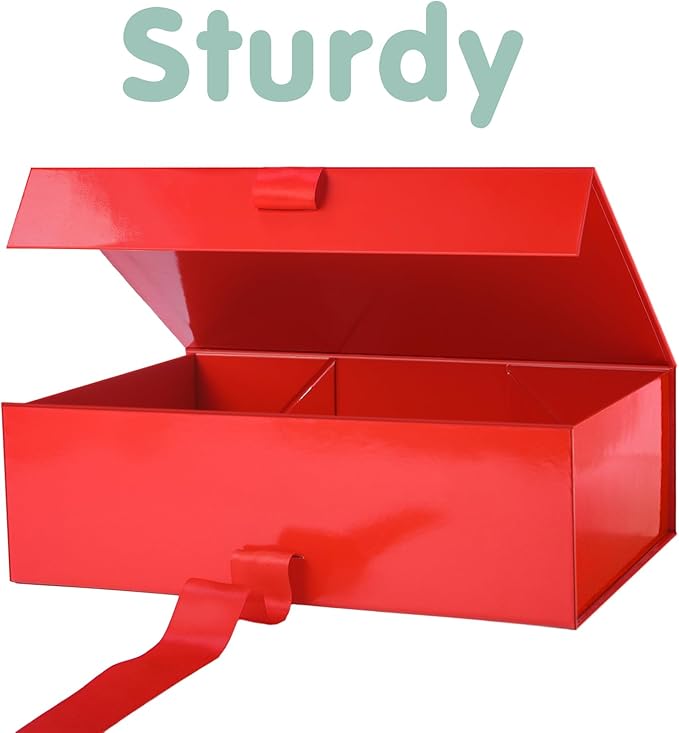 HAPPY POTATO 6 Large Christmas Gift Boxes with Ribbon 13.5x9x4.1 Inches, Red Gift Boxes with Lids, Bridesmaid Proposal Boxes, Magnetic Gift Box for presents (Glossy Red, Pack of 6)