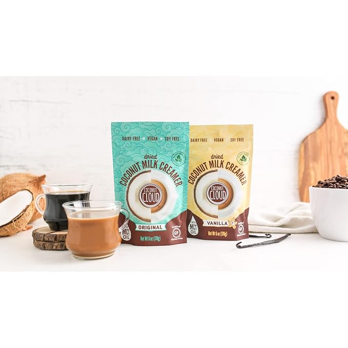 Coconut Cloud: Plant Based Dairy Free Coffee Creamer | Keto Friendly, Unsweetened Coconut Milk Powder | Low Sugar, Dairy Free, Non-GMO, Plant Based, Gluten & Soy Free, USA Made, (Vanilla & Original Combo), 2-Pack