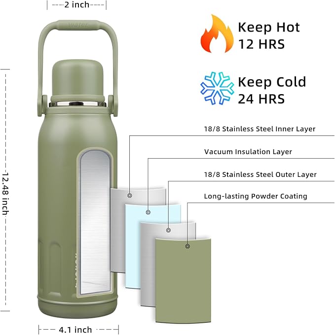BJPKPK Insulated 50oz Thermos Water Bottle with Lid and Carry Handle Insulated Stainless Steel Water Bottles for Outdoor Sports,Army Green
