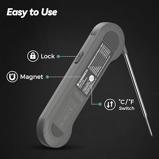 0.5 Sec Instant Read Meat Thermometer Digital with ±0.5℉ Precision, 100% Waterproof Auto Flip Bright LCD Screen, Motion Sensing Food Thermometer for Cooking Kitchen Oven Grill Candy BBQ, Grey