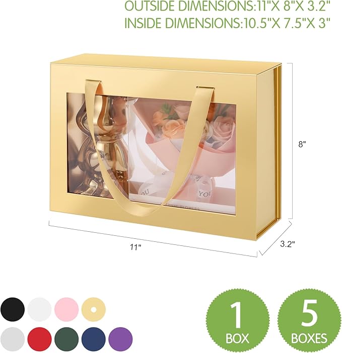 Gold Gift Box with Window, Gift Box with Lid and Handle, Clear Magnetic Gift Box for Present, Bridesmaid Proposal Box (10.5x7.5x3 Inches