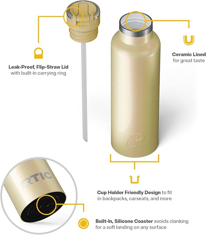 RTIC 20oz Journey Bottle Metal Stainless Steel Vacuum Insulated, BPA Free, Reusable, for Water, Hot and Cold Drinks, Travel, Sports, Camping, Sunlight Glitter
