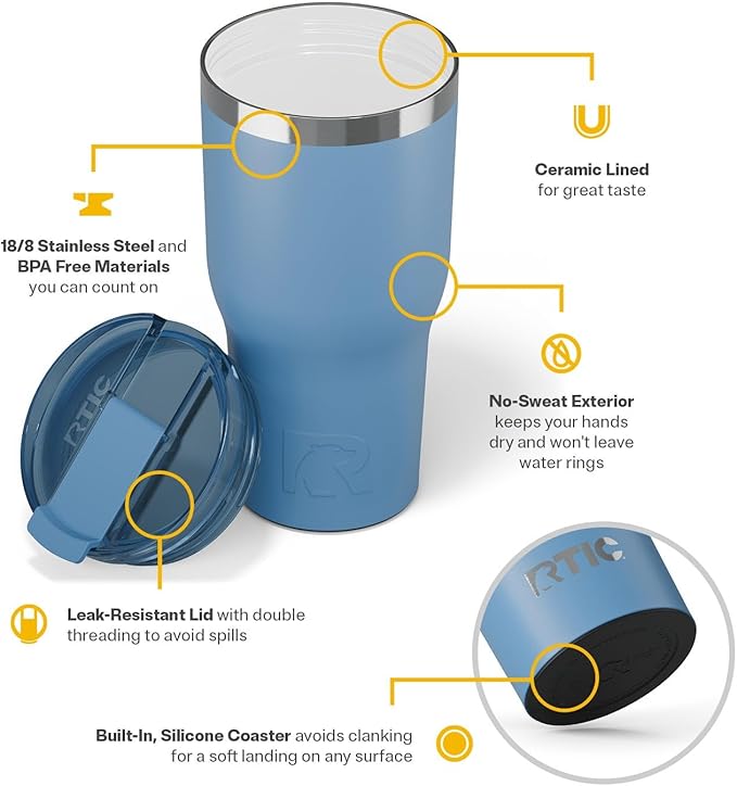 RTIC 30oz Essential Tumbler with Lid, Insulated, Stainless Steel, Metal, Double Wall Vacuum-Insulation, Ceramic Lined, Travel Cup for Iced Coffee, Tea, Hot and Cold Drink, Denim