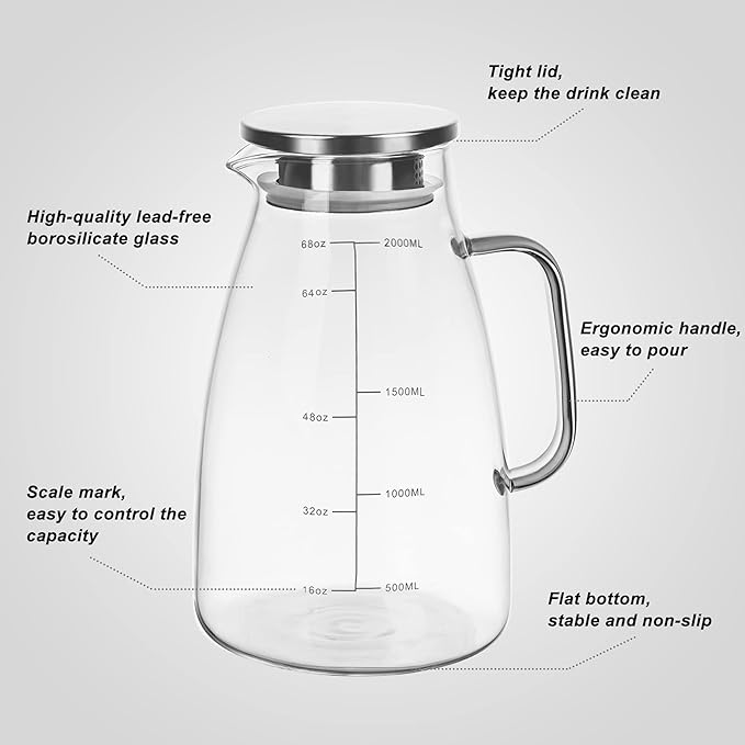 Joeyan 2 Liter 68oz Glass Pitcher with Lid, Large Heat Resistant Glass Water Carafe with Handle and Scale Line for Hot/Cold Drinks- Water, Cold Brew, Iced Tea & Juice, Including Long-Handled Brush