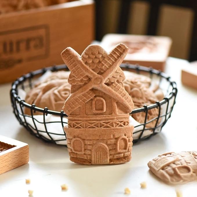 Wooden Cookie Molds, Wooden Cookie Biscuit Mold Baking Cookie Mold Wooden Carved Mold Cookie Cutter Embossing Mold, DIY Shapes Cookie Stamp,Gingerbread Mold(Windmill)