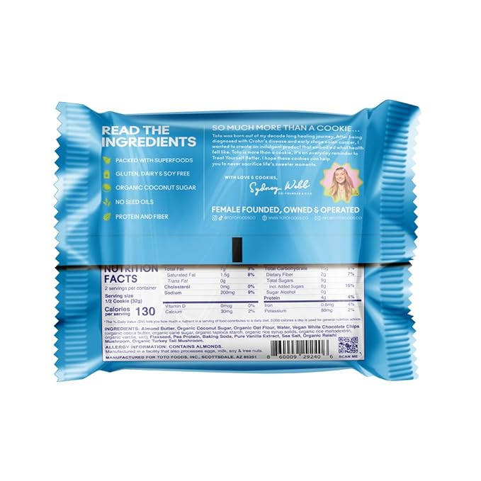 Toto Vegan Cookies, Birthday Cake Cookie, High Fiber Snacks, Gluten Free Cookies, Plant Based Snacks with Superfoods & Adaptogens, 8gr Protein Cookies, Pack of 10 Individually Wrapped Cookies