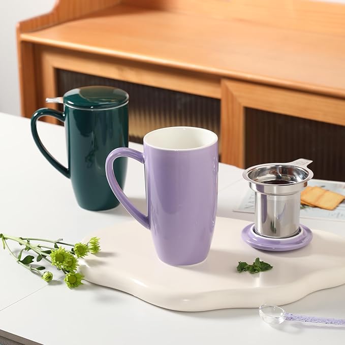Sweejar Porcelain Tea Infuser Mug with Lid, 20 oz Teacup with Strainers for Loose Leaf Tea, Microwave and Dishwasher Safe Coffee Mug(Purple)