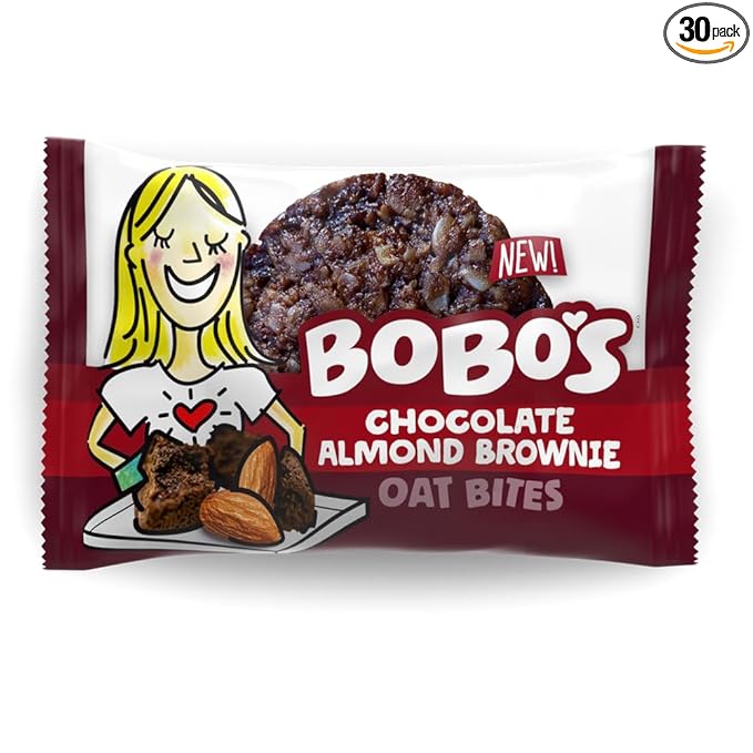 Bobo's Oat Bites (Almond Brownie, 30 Pack Box of 1.3 oz Bites) Gluten Free Whole Grain Rolled Oat Snack- Great Tasting Vegan On-The-Go Snack, Made in the USA