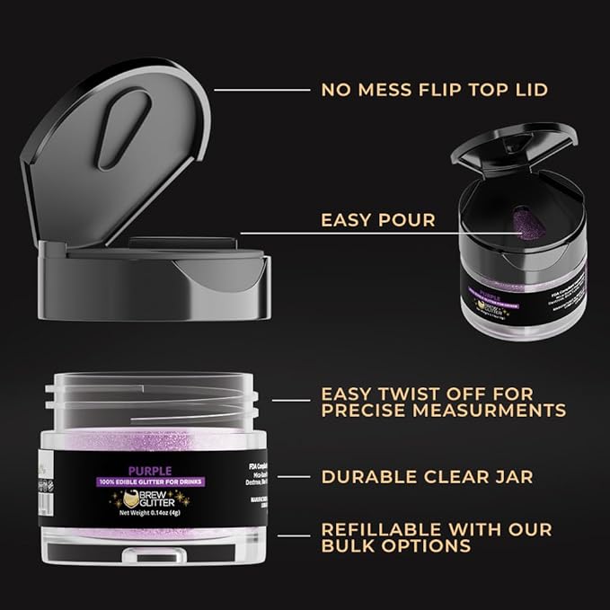 Brew Glitter Purple Edible Drink Glitter 1x 4g Jar for Cocktails, Beer, & Beverages