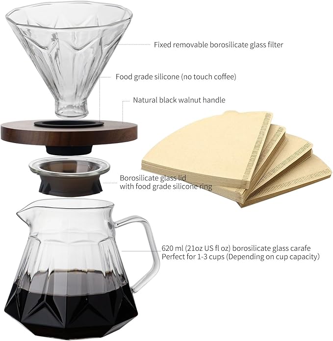Pour Over Coffee Maker Set, 21 oz/620ml Glass Pour Over Coffee Dripper Filter Coffee Maker Kit Manual Grinder with Walnut Handle for Home Office Cafe Restaurant Camping (Grey)