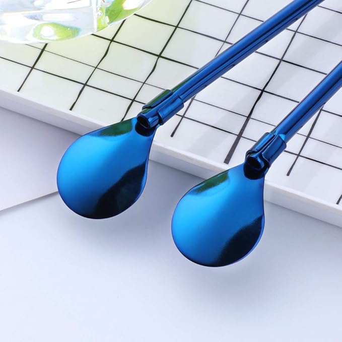 Straw Spoon, 8PCS 8.5inch Blue 18/8(304) Stainless Steel Metal Straws Reusable + 2 Brushes