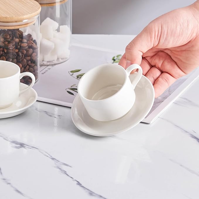 YOLIFE 2.5oz Porcelain Stackable Espresso Cups with Saucers and Metal Stand Set of 4, Stackable Cappuccino Cups, White Expresso Shots Cup Set for Coffee Drinks, Latte, Tea