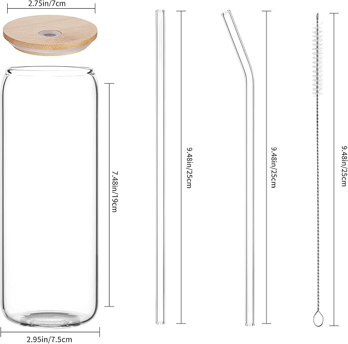 6 Pack 24oz Drinking Glasses Iced Coffee Cups Can Tumbler Glasses with Bamboo Lids and Straws Tumbler Glasses Cups Can Shaped Glass Gups Large Drinking Can Cups for Boba Smoothies Soda Juice Tea