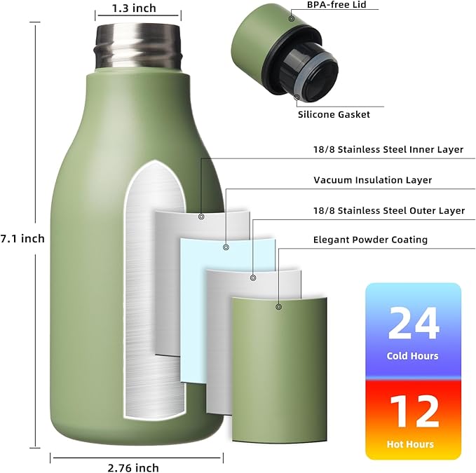 BJPKPK Insulated Water Bottles, 12oz Stainless Steel Metal Water Bottle with Strap, BPA Free Leak Proof Thermos, Mugs, Flasks, Reusable Water Bottle for Sports & Travel, Forest Green