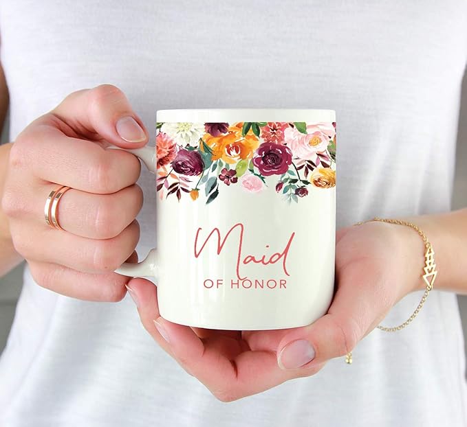 Andaz Press 11oz. Wedding Ceramic Coffee Tea Mug Gift, Fall Autumn Burgundy Orange Peach Flowers Roses Florals, Maid of Honor, 1-Pack, Includes Gift Box