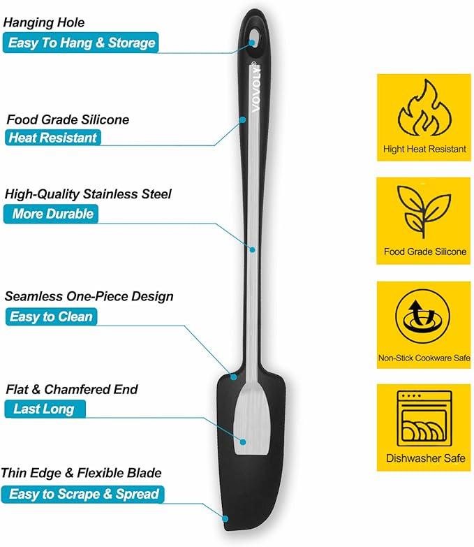 2-Pack Vovoly Silicone Jar Spatulas, Small Seamless Design Rubber Scraper with Stainless Steel Core, Heat Resistant and Non-Stick Mini Spatula for Jars and Blenders, BPA Free,11 IN, Black