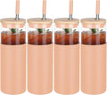 Glass Tumbler w/Lids & Straw:24oz Reusable Mug w/Bamboo Lid,Stainless Steel Straw, BPA-Free, Leak-Proof, Dishwasher Safe for Coffee, Smoothies, Hot Beverages,Travel,Office,Home Use,4-PK,Amber