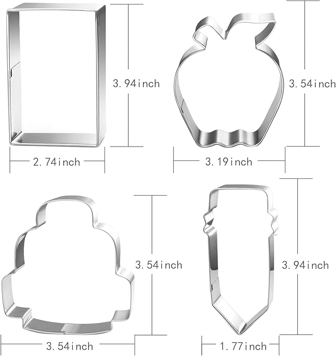 Back to School Cookie Cutter Set-4 Piece-Bag, Book, Apple, Pencil Fondant Biscui Cutters