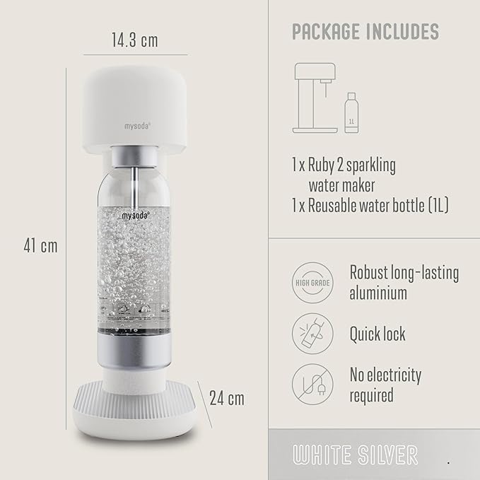 Mysoda Ruby 2 Sparkling Water Maker - Soda Streaming Machine Silent Carbonated Water Machine Robust Long-Lasting Aluminium Soda Maker 1L Water Bottle Without CO2 Cylinder - Colour White Soda Machine