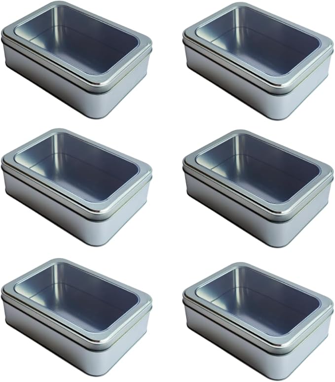 Pack of 6 Silver Rectangular Tin Container With Clear Lid, Multipurpose Tin Box, Festive Tin Box for Gift Giving, Cookies, Stationery & More - 7.25 x 5.25 x 2.25 Inches