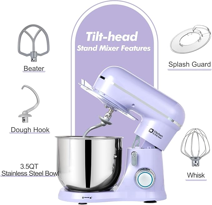 Kitchen in the Box Stand Mixer, 3.5 QT Small Electric Kitchen Mixer, 10-Speed Portable Lightweight Food Mixer with Stainless Steel Bowl, Egg Whisk, Dough Hook, Beater (Lavender Purple)