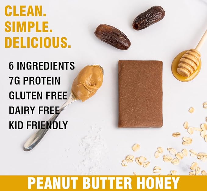 KiZE Energy Bars - Peanut Butter Honey - 20-Count - Gluten Free, Dairy Free, Non-GMO, and High Protein Meal Replacement Energy Bars, Clean and Simple Food Ingredients - 7g High Protein Snacks (20 Count)