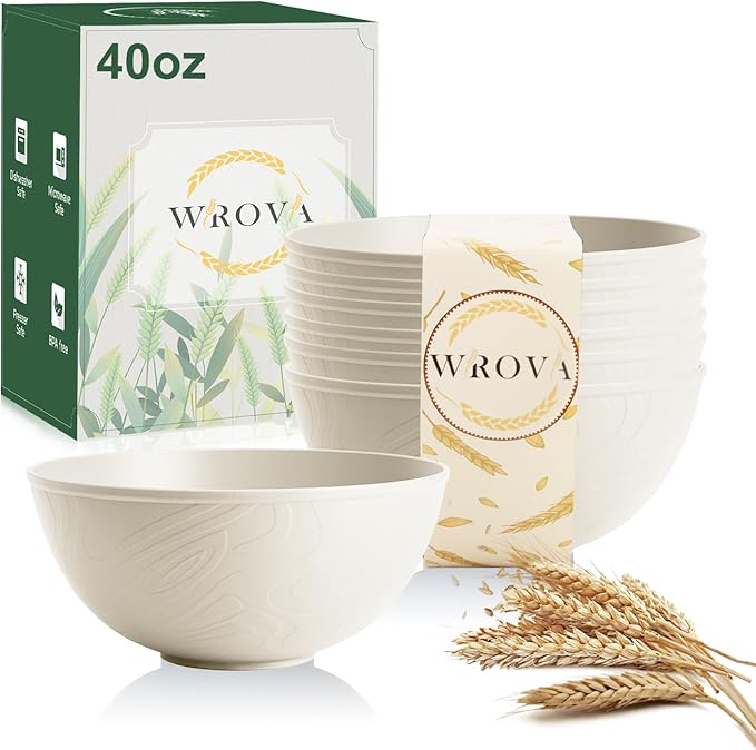 Beige Wheat Straw Bowls for Cereal and Salad,Alternative Plastic Bowls Set of 6,40oz Unbreakable Soup Bowls suitable for Kitchen,Party,Camping and R.V.