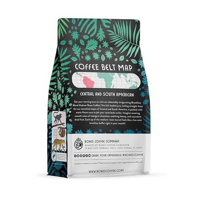 Bones Coffee Company Breakfast Blend, Chocolate, Honey and Dried Fruit Notes, Unflavored Coffee, Medium Roast Low Acid Arabica Beans Compatible with Auto drip and French Press Coffee Maker, 12 Oz Ground