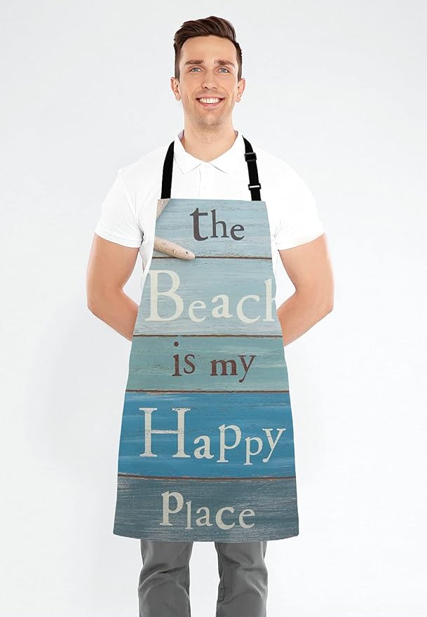 The Beach Is My Happy Place Bib Apron with Adjustable Neck for Men Women,Suitable for Home Kitchen Cooking Waitress Chef Grill Bistro Baking Apron