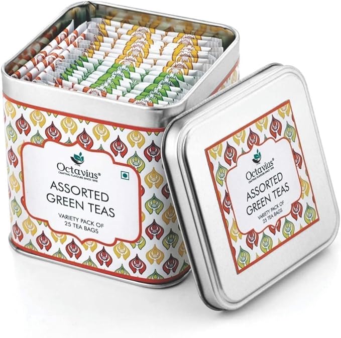 Octavius Tea Variety Pack | 3 Assorted Green Teas | 25 Teabags Per Pack | Sampler Tea Pack | Pack of 2 | 50 Teabags Total | Premium Indian Green Tea Collection