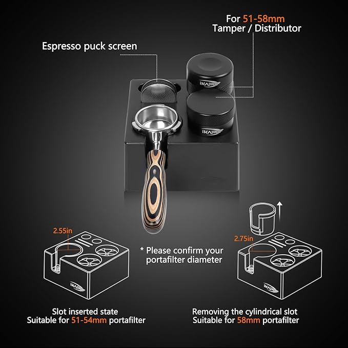 IKAPE ABS Espresso Knock Box, 7 in 1 Coffee Organizer Box Fit for Storage 51, 54, 58MM Espresso Tamper, Distributor, Portafilter & Puck Screen Accessories(Black)