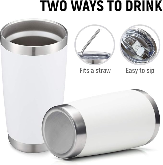 COMOOO 20oz White Tumbler Double Wall Vacuum Insulated Travel Mug Stainless Steel Coffee Mug with Lid and Straw Durable Powder Coated Insulated Coffee Cup for Cold & Hot Drinks (White,12 pack