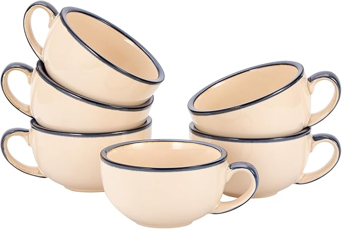 Set of 6 Cups Vintage Design 12 oz Professional Barista Ceramic Latte Art Cappuccino Cups Set (Beige * 6)