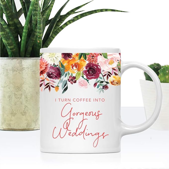 Andaz Press 11oz. Wedding Ceramic Coffee Tea Mug Gift for Wedding Planner, Fall Autumn Burgundy Orange Peach Flowers Roses Florals, I Turn Coffee Into Gorgeous Weddings, 1-Pack, Includes Gift Box