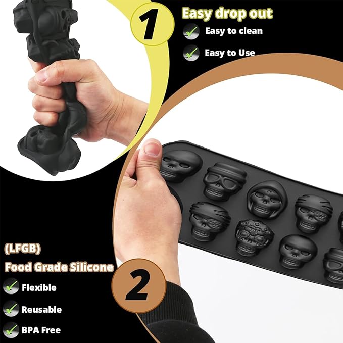 10 Cavity Skull Chocolate Molds,Halloween Silicone Skull Candy Mold for Jelly Crayon Resin, Pack of 2