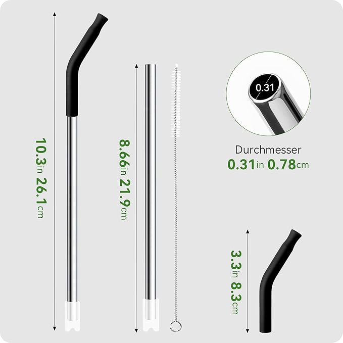 Snowfall 2 Pcs Replacement Metal Straws for Stanley 14 OZ, 20 OZ Tumbler, Stainless Steel Straws with Silicone Tip for 20 OZ Tumbler, Straw Brush (Apple Green)