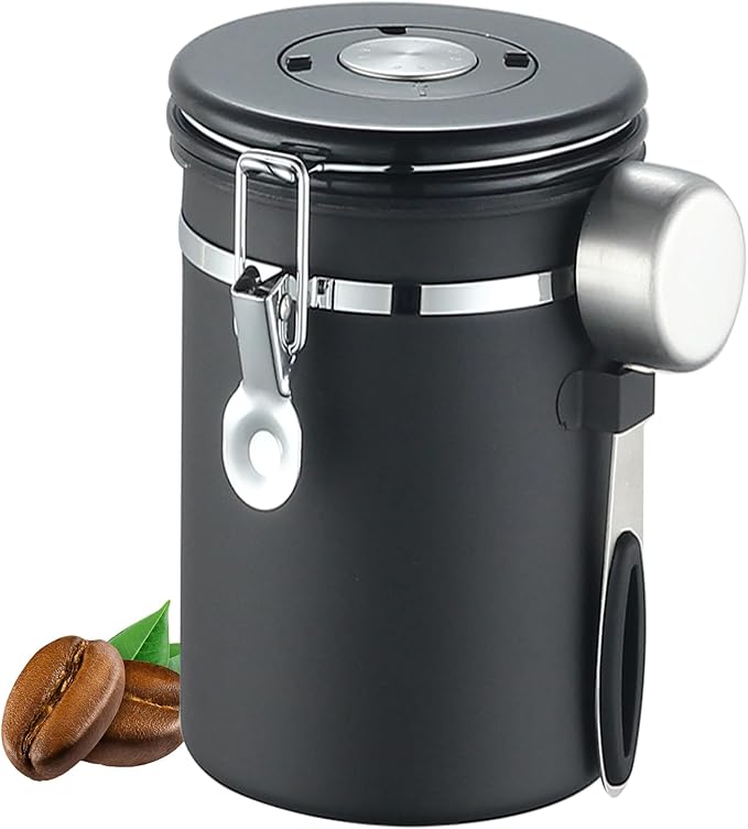 Coffee Canister, Stainless Steel Coffee Bean Storage Container with Date Tracker and Scoop, Kitchen Food Container for Grounds Coffee, Beans, Tea, Flour, Cereal, Sugar, 22OZ (1800ML | Black)