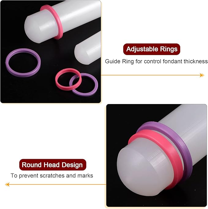HARFINGTON 2pcs Fondant Rolling Pin 18 Inch x 0.98 Inch Adjustable Guide Rings Non-Stick PP Plastic Fondant Roller Dough Roller Kitchen Decorating Tools for Cookie Pastry Pizza Clay