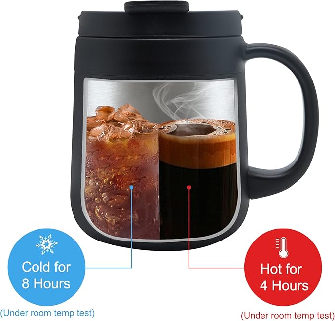 16OZ Stainless Steel Insulated Coffee Mug with Handle, Double Wall Vacuum Tumbler Cup with 2 Lids, Thermal Coffee Cup