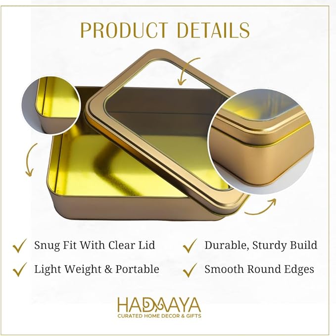 Gold Metal Tin Box With Clear Lid – Multipurpose Tin Storage Container for Cookies,Jewelry, Crafts, Pills, Gifts, Pencils and More - 7.25 x 5.25 x 2.25 Inches