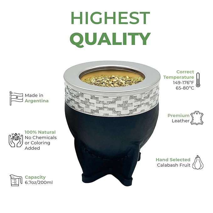 Premium Argentina-Uruguay Yerba Mate Cup and Bombilla Set, Organic Gourd Tea Mug with Steel Straw (Bombilla) and Cleaning Brush, Handcrafted for Loose Leaf Yerba Mate Tea - Imperial Version